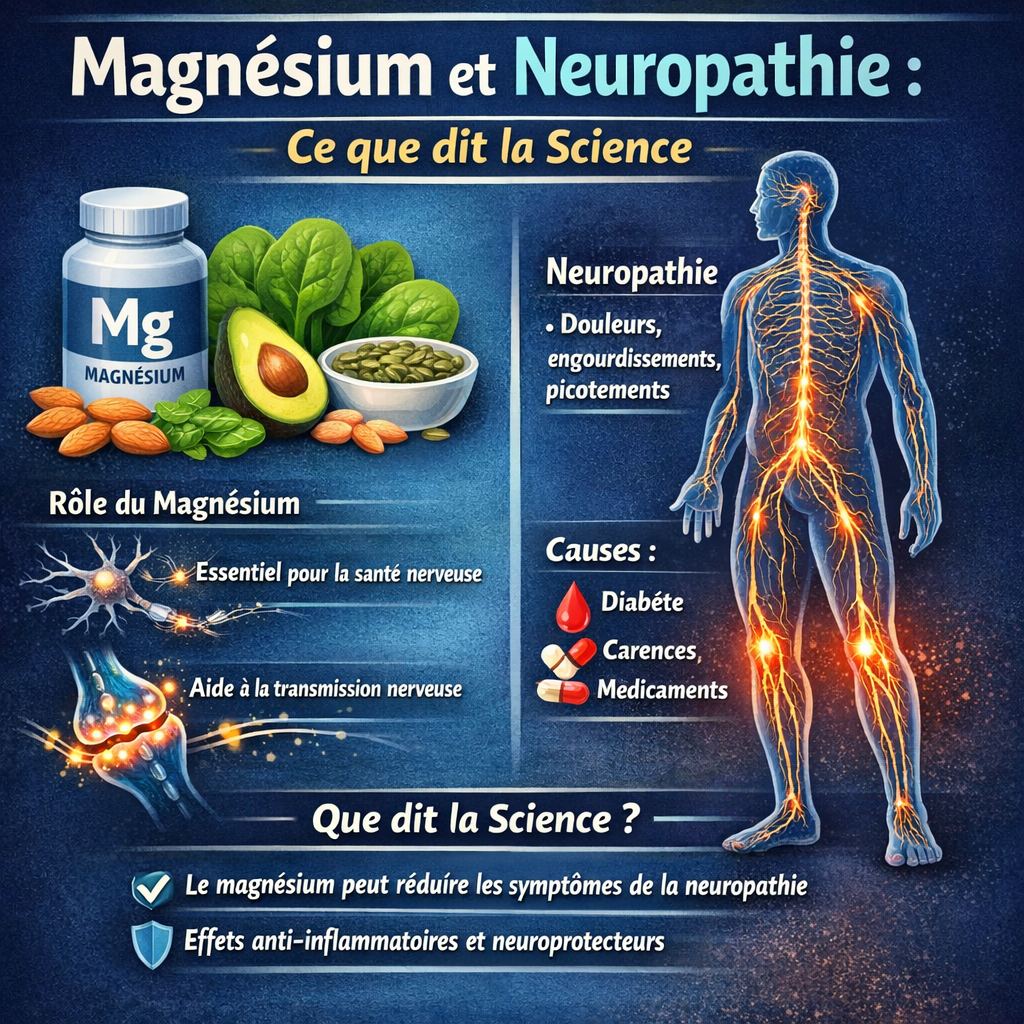 Illustration médicale montrant un nerf périphérique atteint de neuropathie avec fibres nerveuses endommagées et inflammation, comparé à un nerf stabilisé par l’action du magnésium (ions Mg2+), améliorant la conduction nerveuse et réduisant les lésions.